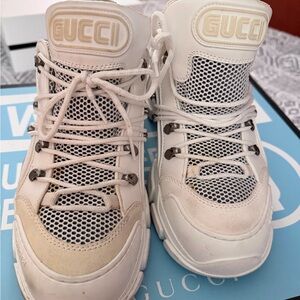 Gucci Cream & White Mesh Leather Platform Sneakers